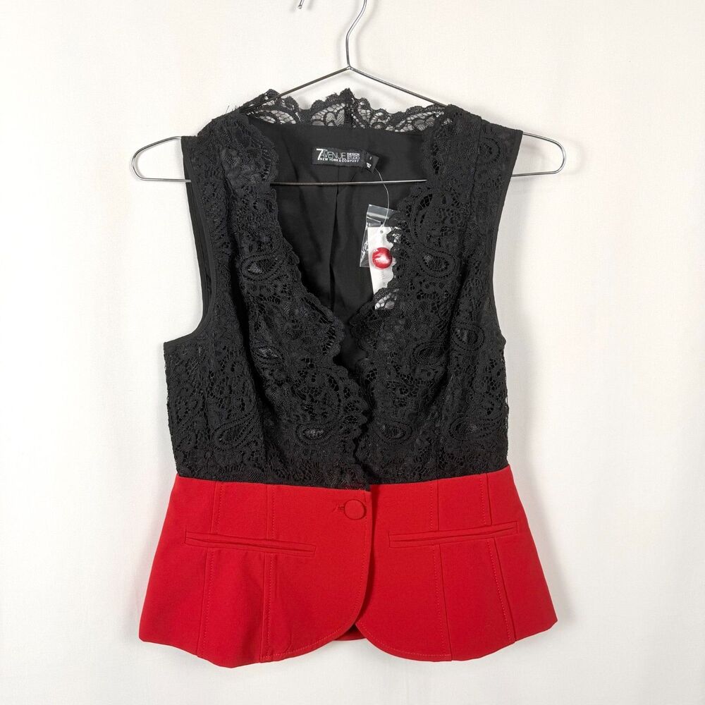 NWT 7th Avenue New York CO Red Black Lace Waistcoat Suit Vest Womens Sz 2